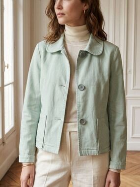 D.F.A. New York Mint Green Jacket Large Buttons Rolled Cuffs Medium